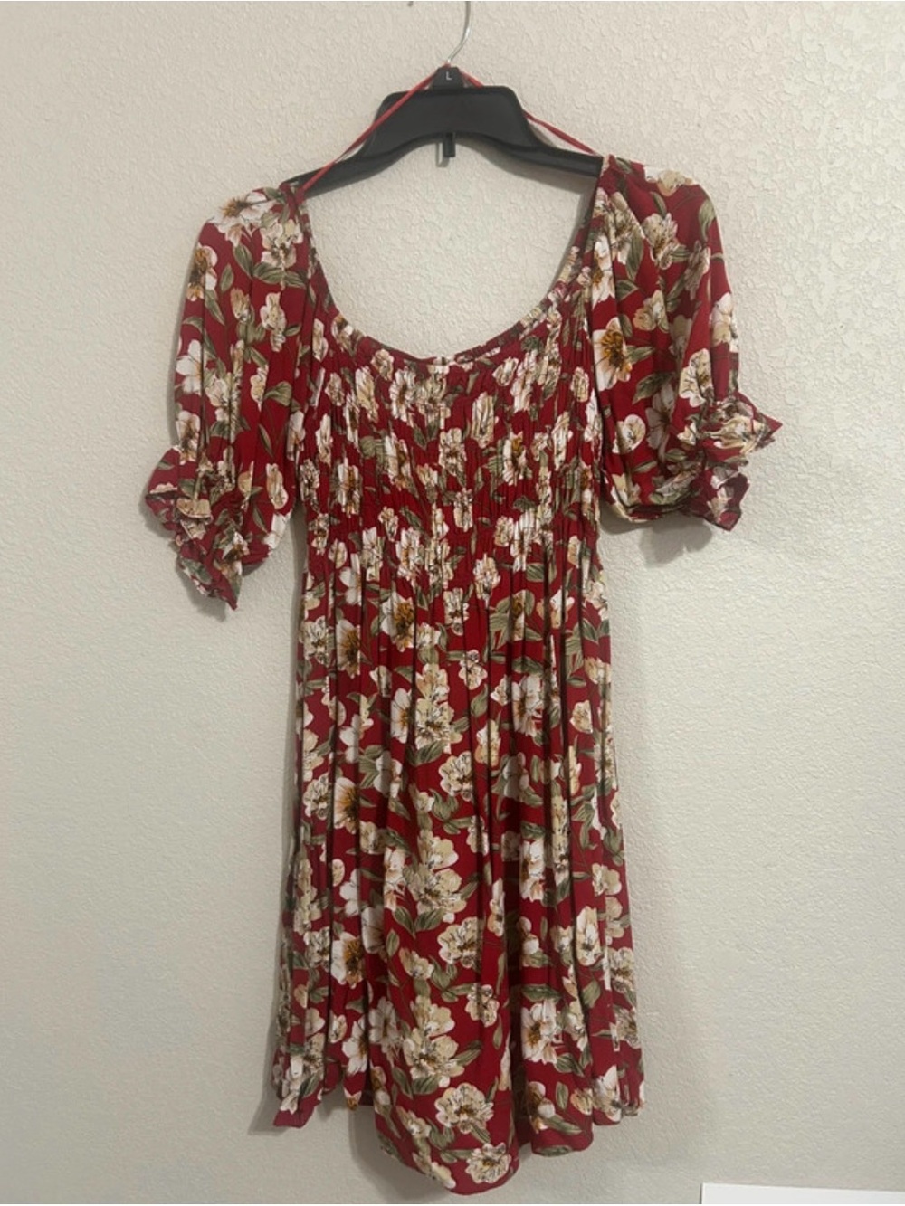 JODIFL Red Floral Smocked Dress with Puff Sleeves